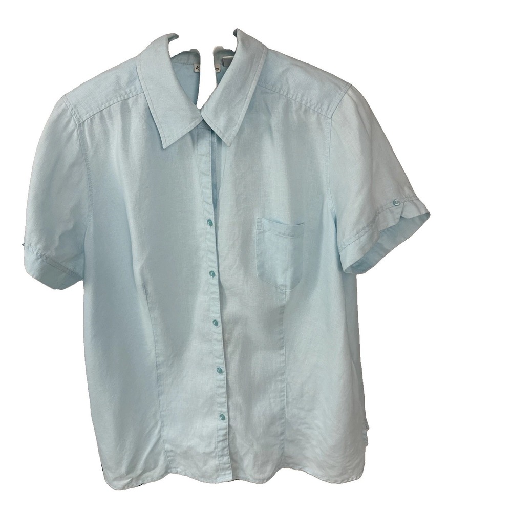 Kim Rogers Button Down Shirt Women's Sz 1X Light Blue 100% Linen Classic Collar